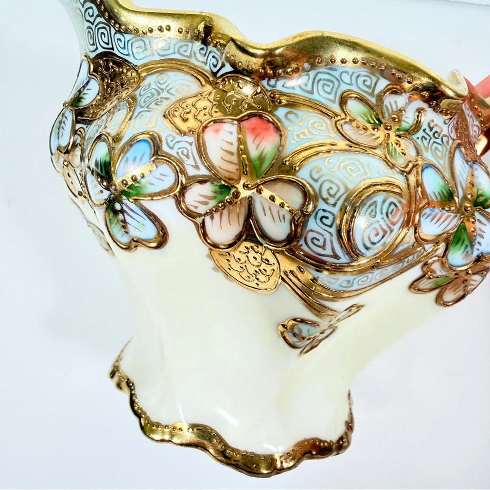 Antique Nippon Syrup Jug & Plate Hand Painted Blue Gold Moriage Flower‎ Signed